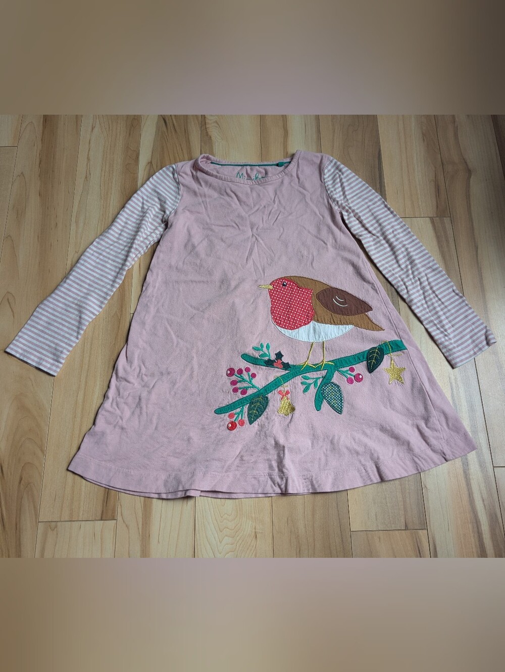 Mini Boden 100% Cotton Long Sleeve Holiday Bird on Rose Pink Dress - Size 7-8